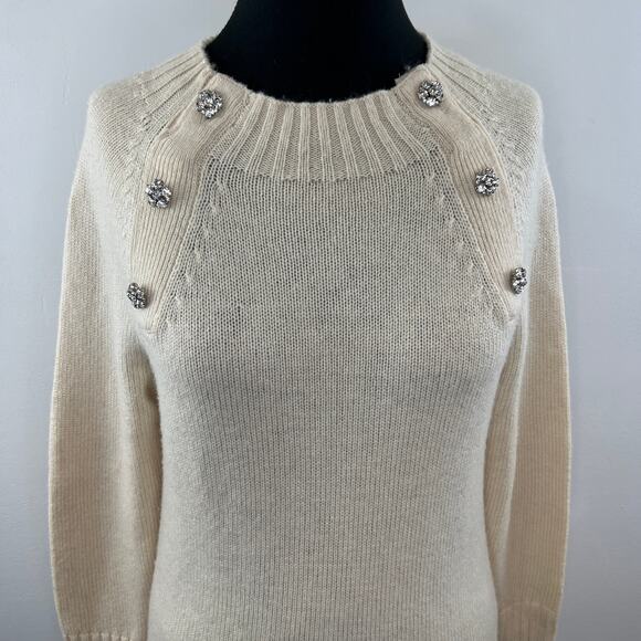 NWT J.CREW Natural Cream Crewneck Sweater Rhinestone Jewel Button Wool Blend XS - Picture 2 of 12